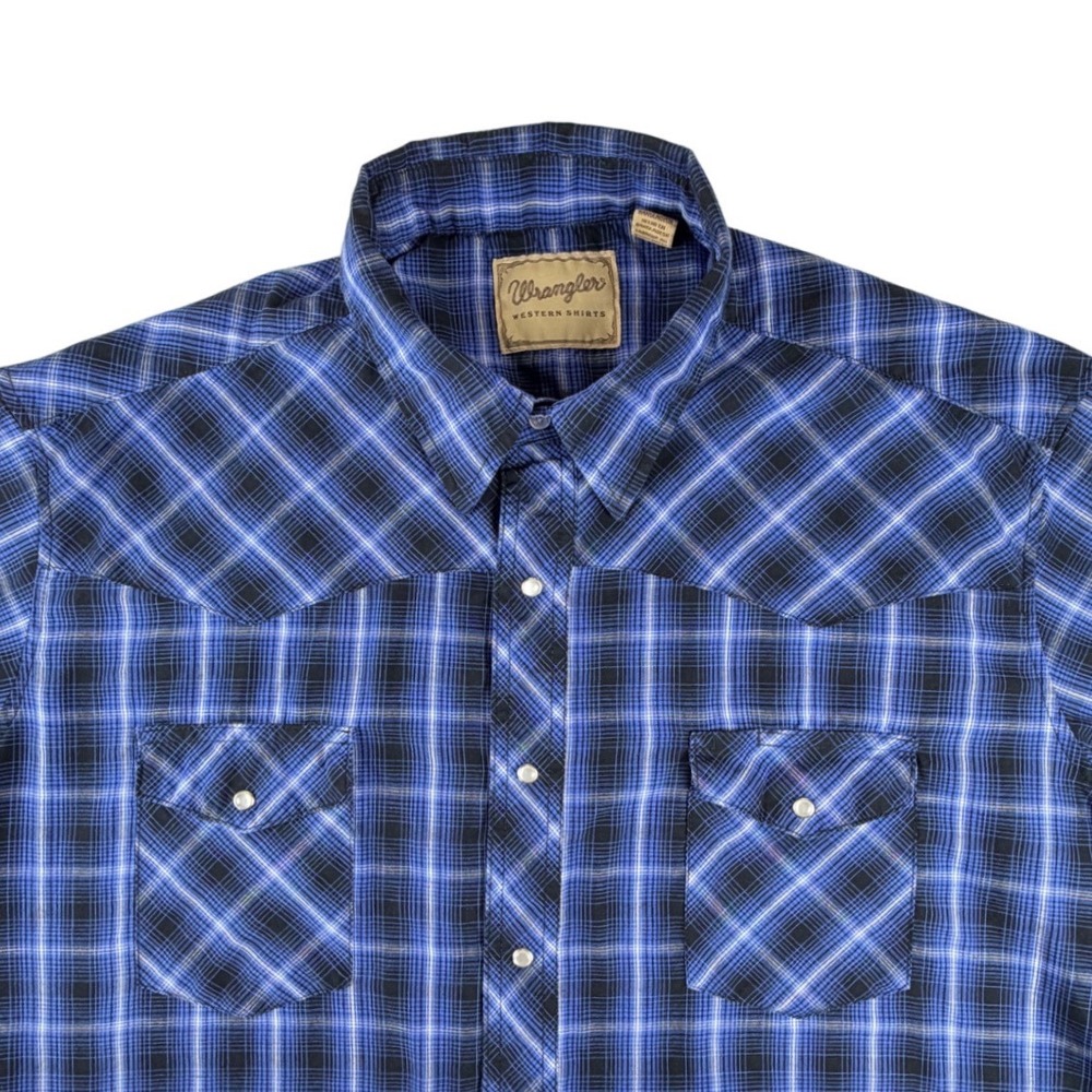 Wrangler Western Shirts Mens 2XL Blue‎ Black Plaid Pearl Snap Short Sleeve Shirt